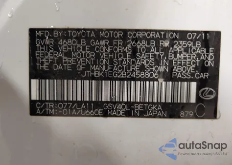 2011 Lexus Es 350 из США, поврежденный, VIN JTHBK1EG2B2458806